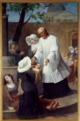 Saint Vincent de Paul (1581 - 1660) som tar seg av plantevernmidler (St Vincent de Paul Helping the Plague Ridden). Maleri av Antoine Ansiaux (1764-1840). Nantes, Museum of Fine Arts