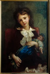 Portrett av Catherine de Bouchage enfant som holder en dukke i armene, maleri av Ernest Hebert (1817-1908)