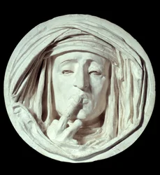Stillhet En symbolsk gest av en mann som legger en finger på munnen hans. Gipsskulptur av Auguste Preault (1809-1879) Paris fra 1800-tallet, Louvre-museet