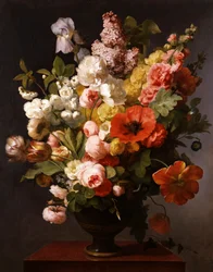 Stilleben av sommerblomster med peoner, iris og syriner. 1819. Maleri av Antoine Berjon (1754–1843). Privat samling.