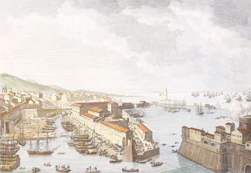 Inntreden av fransk til Livorno, juni 1796, gravering av Jean Duplessis-Bertaux (1750-1818), tegning av Carle Vernet (1758-1836), franske revolusjonskriger, Italia