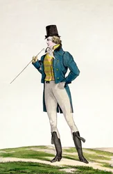 En Dandy i en Robinson-lue, med barnlige krøller, strikkede bukser og ridestøvler, plate 5 i Incroyable et merveilleuse-serien med moteplater, gravert av Georges Jacques Gatine (1773-1831)
