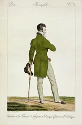 En Dandy med en 'Francois I'-frisyre og en samling av sjarm og pyntegjenstander, plate 3 i 'Incroyable et merveilleuses'-serien med moteplater, gravert av Georges Jacques Gatine (1773-1831) pub