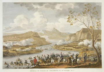 Slaget og krysset av Tagliamento, 26 Ventose, år 5 (mars 1797) gravert av Jean Duplessi-Bertaux (1747-1819) (akvatint)