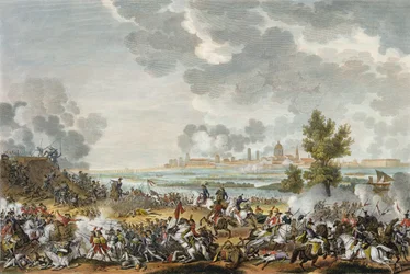 Slaget ved S. Giorgio di Mantova, 29. Fructidor, år 4 (september 1796) gravert av Jean Duplessi-Bertaux (1747-1819) (akvatint)