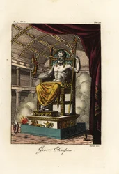 Statue av Zevs eller Jupiter i Olympia, gigantisk sittende figur av den greske billedhuggeren Fidias omkring 435 f.Kr. i helligdommen i Olympia, Hellas