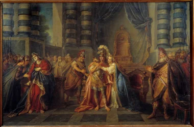Cleopatre svelger giften Representasjon av den siste scenen i akt I "" Rodogune"" av Pierre Corneille. Maleri av Charles Antoine Coypel (1694-1752) 1749 Søn. 1,3x1,95 m