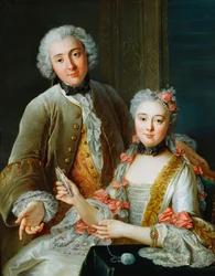 Portrett av Francois de Jullienne stående ved siden av sin kone, sittende, ca. 1743