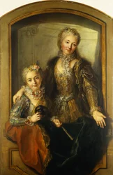 Portrett av Madame Dupille og hennes datter, midt på kroppen, kledd i ballkjoler i et vindu, 1733
