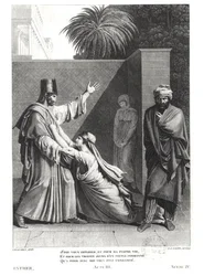 Esther ber Assuerus i nærvær av Aman, illustrasjon fra Esther av Jean Racine (1639-99) gravert av J.J. Coiny (1761–1809)