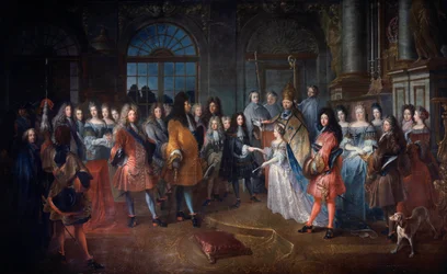 Vielse av Louis de France, hertugen av Burgund og Marie Adelaide av Savoy 7.12.1697 Seremonien finner sted i nærvær av kong Ludvig XIV (1638-1715) i sentrum. De unge som gifter seg blir velsignet av kardinal de Coislin. Maleri av Antoine Dieu (166