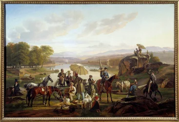 Stopp for Lyon-artister på Barbe Island i Lyon Malere og musikere hviler under en ridetur. Maleri av Antoine Duclaux (1783-1868) 1824 Søn. 0,86x1,31 m Lyon, Musee des Beaux Arts