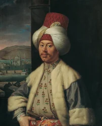 Portrett av en europeer i tyrkisk drakt - Maleri av Antoine de Favray (1706-1791), olje på lerret (84x68 cm), andre halvdel av 1700-tallet - (Portrett av en europeer i tyrkisk drakt, Olje på lerret av A. de Favray