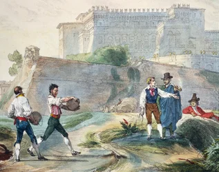 Playing ruzzica, av Antoine Jean-Baptiste Thomas (1791-1834), fargelitografi fra Ett år i Roma og omegn