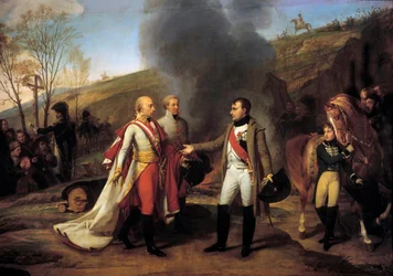 Intervju av Napoleon I (1769-1821) og Francois II (1768-1835) i Sarutschitz i Moravia etter slaget ved Austerlitz, 4/12/1805 Etterlatt Francois II, Johannes I av Liechtenstein (1760-1836). Maleri av Antoine Jean Gros (1771-1835). 1800-tallet. Dim.