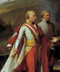 Intervju av Napoleon I (1769-1821) og Francois II ved Sarutschitz i Moravia etter slaget ved Austerlitz, 4/12/1805 Detalj som representerer Francois II av Østerrike (1768-1835) (til venstre) og John I av Liechtenstein (1760-1836) ) (Ikke sant). Maleri av A