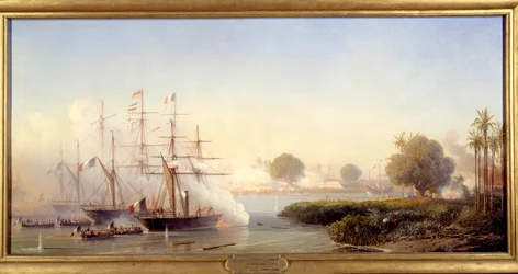 Episode av ekspedisjonen til Cochinchine: "" Fangst av citadellet i Saigon av viseadmiral Rigault de Genouilly kommanderende den fransk-spanske ekspedisjonsstyrken 17/02/1859"" Maleri av Antoine Leon Morel Fatio (1810-1871) 1859 Søn. 0,83x1,82 m