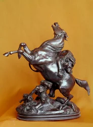 Løve som angriper en hest. Bronseskulptur av Antoine Louis Barye (1795-1875), 19. århundre. Paris, Louvre-museet