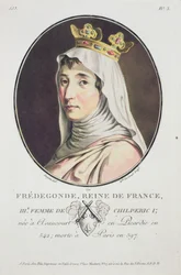 Fredegonde, frankernes dronning, fra Portraits of Great Men, Illustrious Women, and Memorable Subjects of France, gravert og trykt i farger, utgitt av Pierre Blin, 1786-92, Paris (farget og