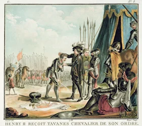 Henri II (1519-59) mottar Jean de Tavanes som en ridder i sin orden, gravert av Roger, 1788