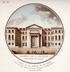 Hospice de Saint Jacques Du Haut Pas bygget i henhold til tegningene til Vieilb, nå Cochin Hospital, Paris. I prittoresque utsikt over hovedbygningene i Paris av sersjant