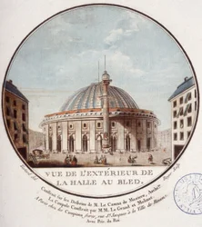 Utsikt over utsiden av hvetemarkedet, Paris bygget av Le Camus de Mézières mellom 1763 og 1766, i dag børsen i Paris. I prittoresque utsikt over hovedbygningene i Paris av sersjant