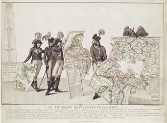 De franske hærenes triumf, Napoleon og hans generaler holder kart over deres seire på tidspunktet for freden i Loeben, 18. april 1797, ca. 1797