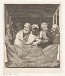 Fem menn med turban og en med hatt i en boks bak en balustrade