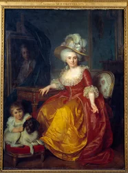 Portrett til fots av Madame Vestier (1740-1831) med et barn ved føttene som klyper øret til en hund Maleri av Antoine Vestier (1740-1824) 1787 Søn. 1,76x1,34 m