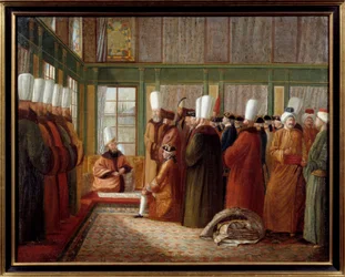 Det osmanske riket: Mottakelse ved storvesiren av en fransk ambassadør i kong Ludvig XVIs tjeneste i Tyrkia, maleri av Antoine de Favray (1706-1791), 18. århundre, Marseille, Musée de la Marine