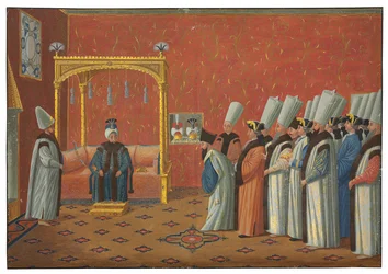 Presentasjonen av grev de Vergennes, Ludvig XVs ambassadør, for sultan Uthman III i tronsalen i Topkapi-palasset 3. juni 1755