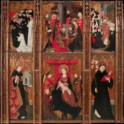 Retable de la vierge, saint Augustin et saint Nicolas de Tolentino - Jomfruens altertavle, Saint Augustine og Saint Nicholas of Tolentino - Antoine de Lonhy (1446-1490) Tempera og olje på tre 1462 Museu Nacional d'Art de Catalunya, Barcelona 205 ,5x20