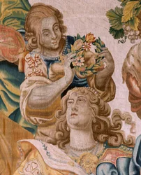 flamsk billedvev. Serien Story of Theseus. Bacchus tar Ariadne som sin kone (Baco toma a Ariadna por esposa). Niende billedvev i serien. Modell Anthonis Sallaert. Produserer Jan Raes den yngre, Brussel. Ca 1630. ; Stoff Silke og ull. Størrelse 392 x 45