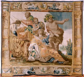 flamsk billedvev. Serien Story of Theseus. Bacchus tar Ariadne som sin kone (Baco toma a Ariadna por esposa). Niende billedvev i serien. Modell Anthonis Sallaert. Produserer Jan Raes den yngre, Brussel. Ca 1630. ; Stoff Silke og ull. Størrelse 392 x 45