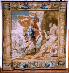 flamsk billedvev. Serien Story of Theseus. Thesevs mottar Minos ring fra Amphitrite (Teseo recibe de Anfítrite la sortija de Minos). Femte billedvev i serien. Modell Anthonis Sallaert. Produserer Jan Raes den yngre, Brussel. Ca 1630. Stoff Silke
