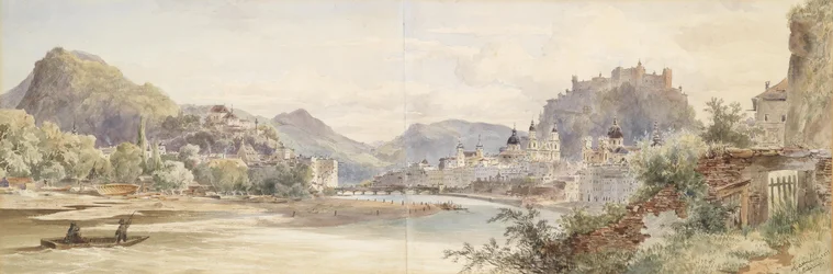 Norsk: Panorama over byen Salzburg med festningen Hohensalzburg