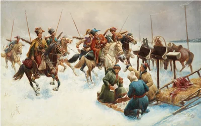 Vinterlandskap med kosakker (postutlevering) - Maleri av Adolf Baumgartner Stoiloff (Baumgartner-Stoiloff) (1850-1924), olje på lerret, 82x130 cm - Privat samling