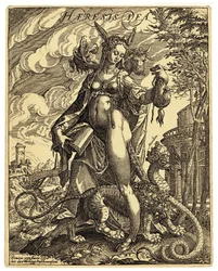Guddommen Heresia, en allegorisk figur avbildet i form av en kvinne med eselører, som holder en bok med revne sider og en uhyrlig skapning mellom beina. Kontrareformistisk satirisk trykk av Anton Eisenhout (1554-1603) Slutten av 1500-tallet