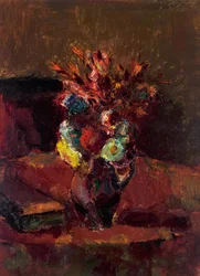 Blomsterbukett med rød duk