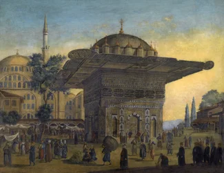 Utsikt over Tophane-fontenen (Top Hane), Istanbul, Tyrkia. Maleri av Antoine Ignace Melling (1763-1831), 1819, privat samling