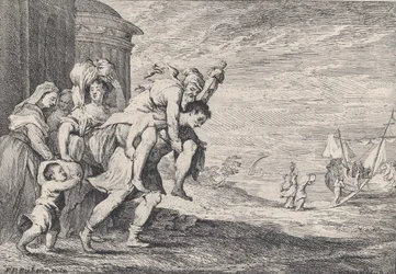 Aeneas flykter fra Troja, med en gruppe på seks skikkelser som forlater byen til venstre, Aeneas bærer..., 1728.