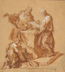 En yppersteprest, profetinnen Anna og en knelende gutt rundt et bord, 1745.