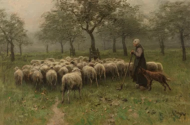 Gjeterinne med en saueflokk. Ca. 1870-88