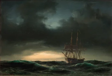 En dansk korvett i grov sjø etter en storm