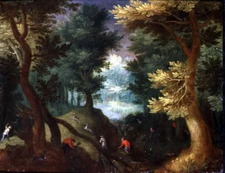 Woodland Scene with a Stag Hunt (olje på kobber)