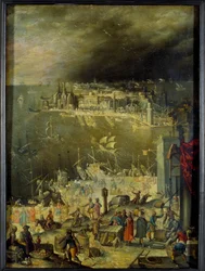 Utsikt over en havn Representasjon av kommersiell virksomhet, lossing av varer, transaksjoner på havnen. Maleri tilskrevet Anton Mozart (1573-1625), søn. 0,3x0,22 m paris, Louvre-museet