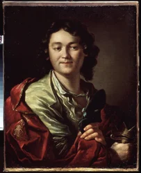 Portrett av komikeren Fedor (Fyodor) Volkov (rundt 1729-1763), grunnlegger av det første russiske teateret (Portrett av F. Volkov, grunnleggeren av det første russiske teateret). Maleri av Anton Pavlovich Losenko (1737-1773), olje på lerret