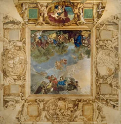 Apollo og Athena belønner Talenter og Minerva flankert av karyatider og medaljonger som viser Mars, Venus, Hercules og Cybele, av Anton Raphael Mengs