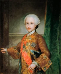 Portrett av Francois Xavier de Bourbon (1757-1771), Spedbarn av Spania, Ridder av Den Hellige Ånd (Hellig Ånd). Maleri av Anton Raphael Mengs (1728-1779). Omkring 1765. Madrid. Prado-museet.