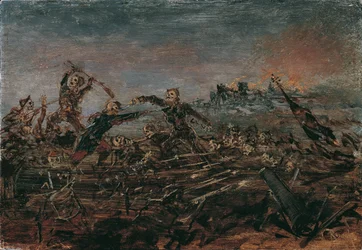 Dødedans på slagmarken foran brennende ruiner, 1882-1885.